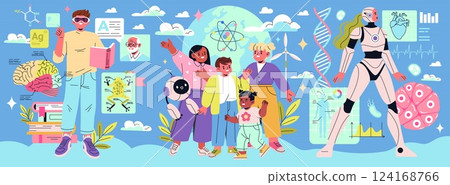 Beta Generation is depicted through diverse characters engaged in scientific exploration and technology. This illustration showcases children's curiosity, learning, and future possibilities in STEM 124168766