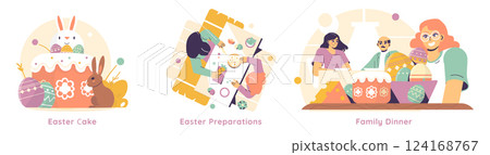 Easter illustration set. Celebrating Easter through joyful traditions. Highlights festive activities like baking, decorating, and family gatherings. Embraces the spirit of togetherness and celebration 124168767