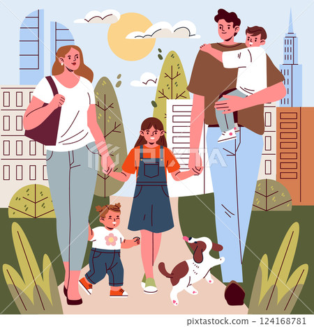 Family Day illustration featuring a family enjoying a sunny day outdoors in a park. Parents walk with their children and dog, creating lasting memories in a vibrant urban setting. 124168781
