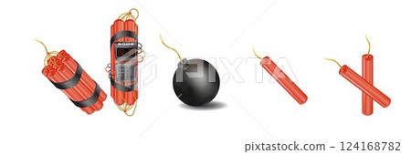 Realistic 3d bomb dynamite sticks with burning fuse. Vector 124168782