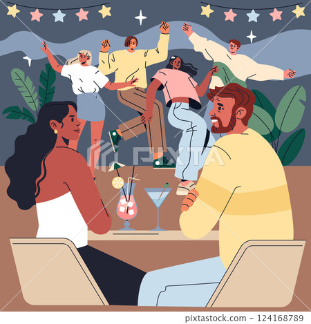Hotel Holiday Concept. A vibrant hotel bar scene with diverse guests enjoying a festive night, complete with colorful drinks and decorations. 124168789