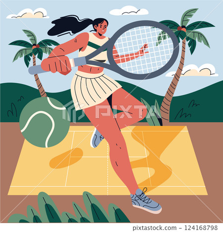 "Tropical vacation tennis concept. A dynamic vector illustration depicting a woman playing tennis on a court surrounded by palm trees." 124168798