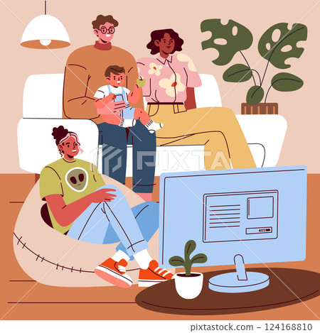 Family Day illustration showing a happy family enjoying time together at home. Parents and a child engage in a cozy atmosphere with a television. The scene radiates warmth and togetherness. 124168810