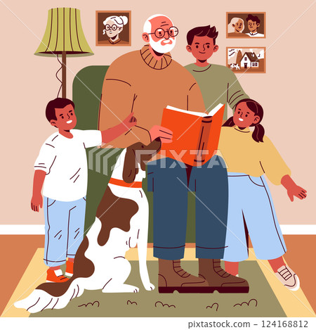Multigenerational family spending quality time together indoors, with a grandfather reading a book to his grandchildren and dog. Multigenerational family spending quality time together indoors, with a grandfather reading a book to his grandchildren and dog. 124168812