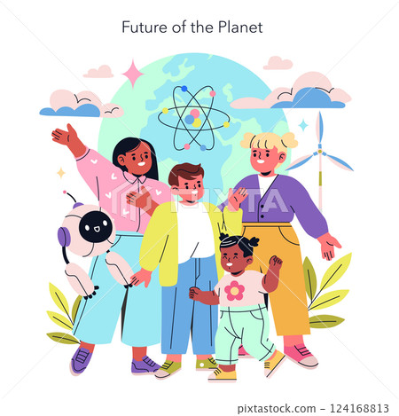 Beta Generation concept. This illustration represents a diverse group of individuals united for a sustainable future, highlighting collaboration, innovation, and optimism for the planet. Vector 124168813