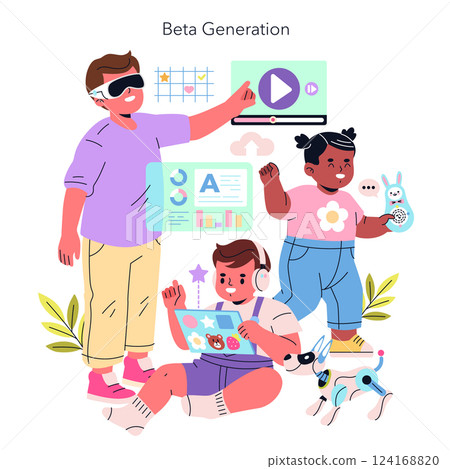 Beta Generation represents a group of children engaged with technology. They explore digital environments, interact with data, and enjoy pets, showcasing modern learning and play experiences. Vector Beta Generation represents a group of children engaged with technology. They explore digital environments, interact with data, and enjoy pets, showcasing modern learning and play experiences. Vector 124168820