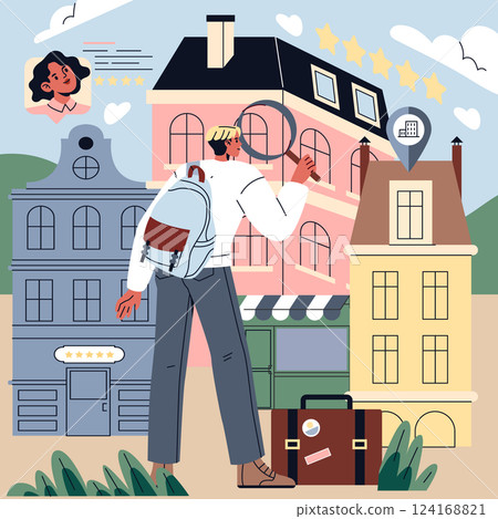Traveler explores boutique hotels in a charming village, using smartphone for reviews and directions. Traveler explores boutique hotels in a charming village, using smartphone for reviews and directions. 124168821