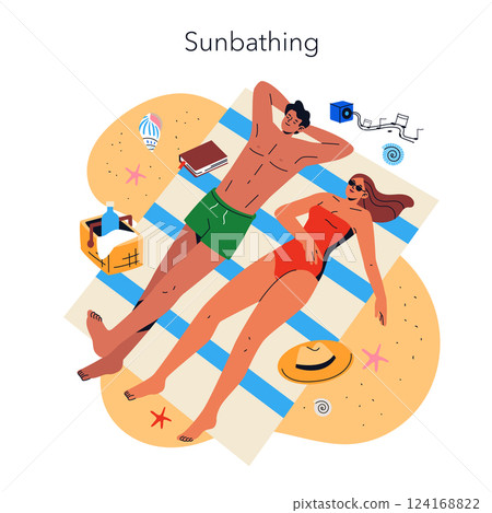Sunbathing scene at the beach capturing relaxation and leisure. A couple enjoys the sun on a beach towel surrounded by summer essentials. Includes drinks, books, and beachwear, evoking a carefree Sunbathing scene at the beach capturing relaxation and leisure. A couple enjoys the sun on a beach towel surrounded by summer essentials. Includes drinks, books, and beachwear, evoking a carefree 124168822