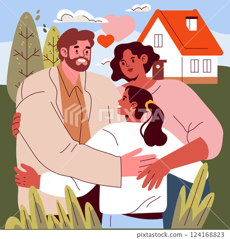 Family Day concept. A happy family sharing a loving embrace outside their home, showcasing affection and unity in a peaceful setting. Vector illustration. 124168823