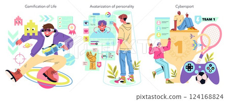 Beta Generation concept. This illustration captures the essence of modern youth culture through gamification, avatar development, and cybersport, showcasing their digital lifestyles and social Beta Generation concept. This illustration captures the essence of modern youth culture through gamification, avatar development, and cybersport, showcasing their digital lifestyles and social 124168824