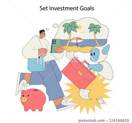 Robot advisor assisting a person to set investment goals while engaging with financial plans. The illustration features a piggy bank and a briefcase, symbolizing savings and investments. Vector Robot advisor assisting a person to set investment goals while engaging with financial plans. The illustration features a piggy bank and a briefcase, symbolizing savings and investments. Vector 124168829