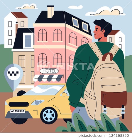 Traveler arriving at a hotel illustration. A man with a backpack looks at a quaint city hotel upon his arrival, depicting a serene travel moment. Traveler arriving at a hotel illustration. A man with a backpack looks at a quaint city hotel upon his arrival, depicting a serene travel moment. 124168830