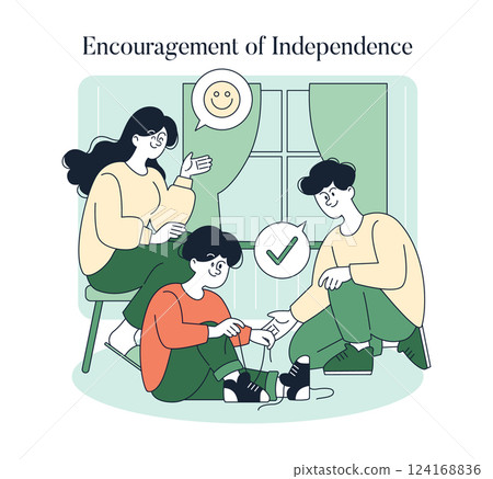 Authoritative parenting style emphasizes supportive guidance, fostering independence in children. The illustration captures a warm interaction of teaching and encouragement, showcasing positive 124168836