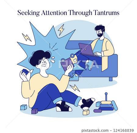 Neglectful parenting reveals itself through children's tantrums as they seek attention. A child struggles with emotions while a parent remains distracted, highlighting the impact on family dynamics Neglectful parenting reveals itself through children's tantrums as they seek attention. A child struggles with emotions while a parent remains distracted, highlighting the impact on family dynamics 124168839