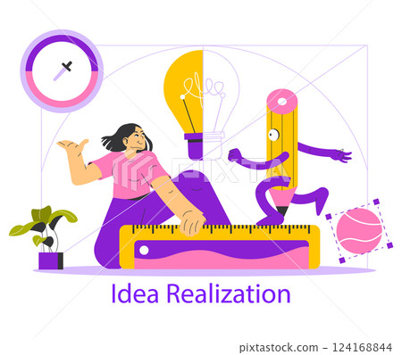Idea realization illustration featuring a woman creatively engaged in conceptualizing ideas. The scene includes symbols of creativity and design, highlighting innovation and inspiration in action 124168844