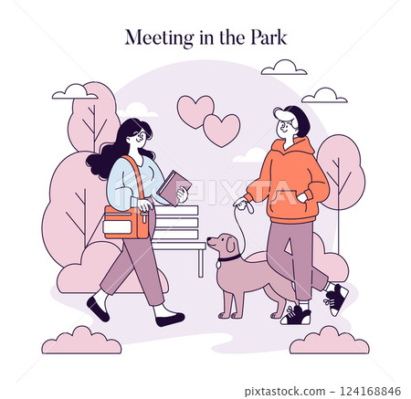 First Love illustration. A joyful encounter between two people in a park, expressing connection and warmth. Cherished memories of youthful affection and companionship are highlighted. Vector First Love illustration. A joyful encounter between two people in a park, expressing connection and warmth. Cherished memories of youthful affection and companionship are highlighted. Vector 124168846
