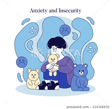 Illustration captures a child surrounded by stuffed animals, conveying feelings of anxiety and insecurity. The character's expression highlights the emotional struggle, set against a backdrop of Illustration captures a child surrounded by stuffed animals, conveying feelings of anxiety and insecurity. The character's expression highlights the emotional struggle, set against a backdrop of 124168850