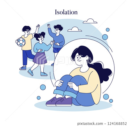 This illustration explores the theme of isolation within a social context. It depicts a child in distress while peers play nearby, emphasizing feelings of loneliness and exclusion in childhood. Vector 124168852