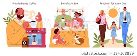 Family breakfast moments captured in three engaging scenes: enjoying freshly brewed coffee, sharing a cozy breakfast in bed, and embracing a new day's readiness together. Family bonds and joyful Family breakfast moments captured in three engaging scenes: enjoying freshly brewed coffee, sharing a cozy breakfast in bed, and embracing a new day's readiness together. Family bonds and joyful 124168859