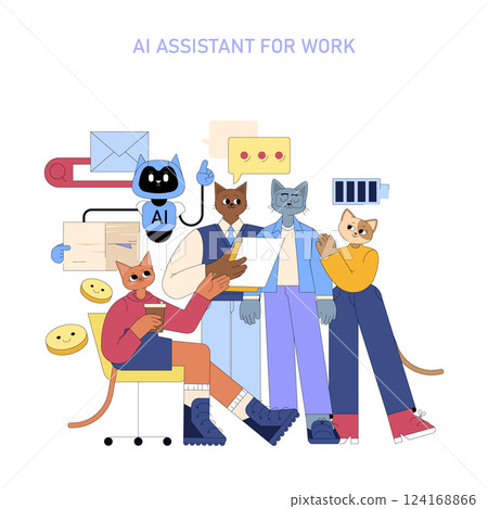 AI assistant for work illustration. Features a diverse group of anthropomorphic cats engaged in productivity tasks, showcasing collaboration in a modern workspace with AI tools. Vector illustration. 124168866