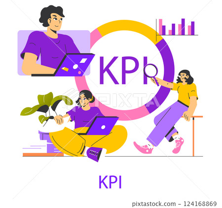 KPI concept emphasizes the importance of goal achievement and performance tracking in a professional setting. The illustration depicts individuals engaged in collaborative work and analysis. Vector KPI concept emphasizes the importance of goal achievement and performance tracking in a professional setting. The illustration depicts individuals engaged in collaborative work and analysis. Vector 124168869