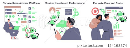 Robot adviser assists in investment management tasks. It navigates through platform selection, performance monitoring, and fee evaluations. This process promotes informed financial decisions. Vector 124168874