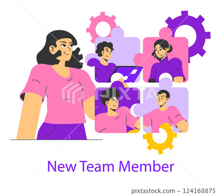 Business process scaling illustration featuring a new team member engaged with colleagues. Emphasizing collaboration and teamwork in a vibrant office environment. Promoting efficient integration and 124168875