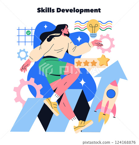 Skills development focus illustration. The design highlights personal growth through workshops and creativity. It features various symbols representing progress, learning, and innovation in a dynamic 124168876