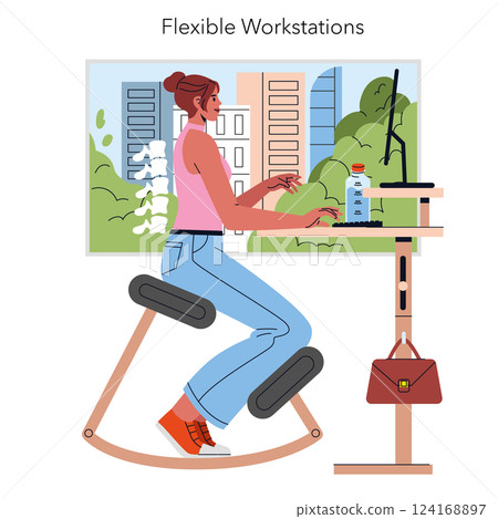 Flexible workstations are designed for comfort and productivity in a modern office. Featuring a woman working at a height-adjustable desk, this illustration emphasizes an ergonomic workspace with a Flexible workstations are designed for comfort and productivity in a modern office. Featuring a woman working at a height-adjustable desk, this illustration emphasizes an ergonomic workspace with a 124168897