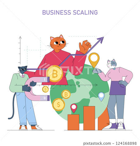 Business scaling illustration. Represents growth through innovative strategies and clever data management. Animals symbolize different roles in business development. Visual aspects include financial Business scaling illustration. Represents growth through innovative strategies and clever data management. Animals symbolize different roles in business development. Visual aspects include financial 124168898