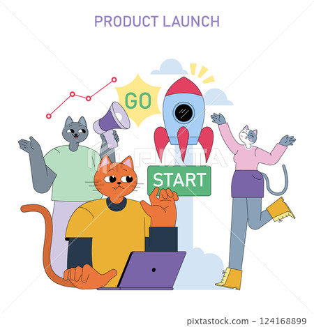 Product launch illustration. A group of animated cats enthusiastically preparing for a product launch. The scene includes a rocket, a megaphone, and a "start" sign, suggesting excitement and teamwork 124168899