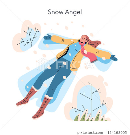 This illustration captures the joy of winter activities, showing a person creating a snow angel in a serene setting. The scene expresses happiness, playfulness, and the magic of snowy days. This illustration captures the joy of winter activities, showing a person creating a snow angel in a serene setting. The scene expresses happiness, playfulness, and the magic of snowy days. 124168905