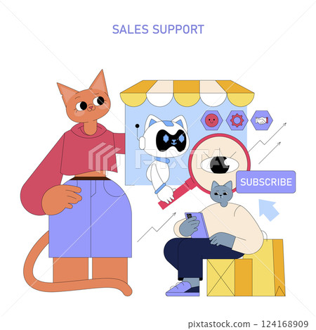Sales support concept featuring a friendly cat character and a digital assistant. Visualizes customer interaction and effective communication in e-commerce. Engages audience with modern retail 124168909