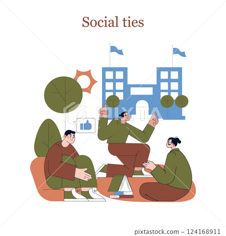 Social ties in a college setting foster connection and community. This illustration displays students engaging and discussing their experiences, illustrating the importance of relationships in 124168911
