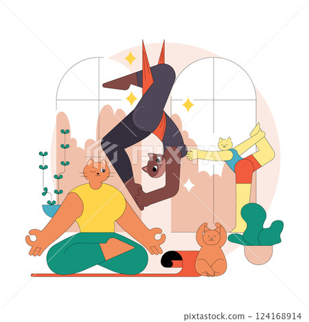 Fitness illustration showcasing a diverse group practicing yoga in a bright, inviting space. Cats join the scene, adding a playful touch. Inspires relaxation, balance, and wellness in daily life Fitness illustration showcasing a diverse group practicing yoga in a bright, inviting space. Cats join the scene, adding a playful touch. Inspires relaxation, balance, and wellness in daily life 124168914