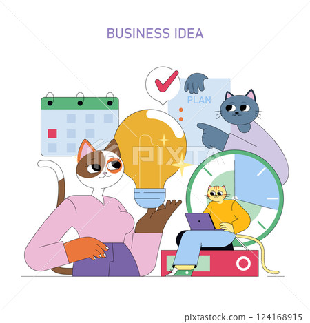 Business idea concept. Illustrates a creative workspace where characters brainstorm innovative strategies. Emphasizes planning, time management, and collaboration. Perfect for entrepreneurs looking Business idea concept. Illustrates a creative workspace where characters brainstorm innovative strategies. Emphasizes planning, time management, and collaboration. Perfect for entrepreneurs looking 124168915