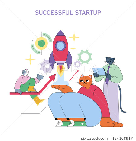 Successful startup concept illustration. A team of animated cats engaged in a venture, showcasing collaboration and innovation. The rocket symbolizes growth, while measures portray rising success 124168917