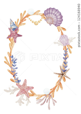 Watercolor Template with coral, shells, starfish, and pearls. Illustration of Wreath for baby invitations or childish greeting cards. Art of marine border for childish ocean projects. Watercolor Template with coral, shells, starfish, and pearls. Illustration of Wreath for baby invitations or childish greeting cards. Art of marine border for childish ocean projects. 124168940