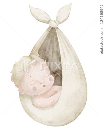 Watercolor illustration of a sleeping Baby wrapped in a soft swaddle. Art of cute Infant for baby shower invitations, nursery decor or newborn greeting card. Drawing for announcements in pastel colors 124168942
