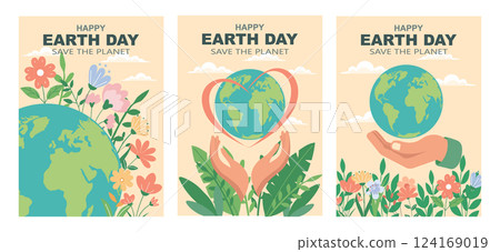 Earth day poster set with globe, hands, flowers, and the text Save the Planet. Set of Happy Earth Day banners. Illustration. Earth day poster set with globe, hands, flowers, and the text Save the Planet. Set of Happy Earth Day banners. Illustration. 124169019