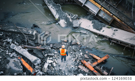 Engineer in a safety vest inspects the ruins of a collapsed bridge over polluted water. Scene of destruction, disaster  124169038