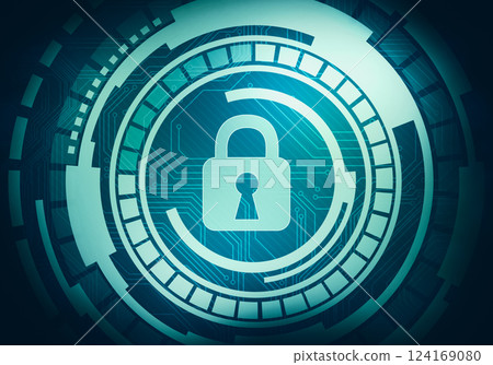 Abstract digital concept touch screen circle interface with internet data security and safety lock on circuit microchip background. For branding, graphic design, wallpaper. Abstract digital concept touch screen circle interface with internet data security and safety lock on circuit microchip background. For branding, graphic design, wallpaper. 124169080