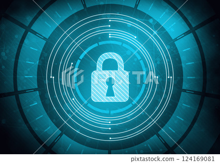 Abstract digital concept touch screen circle interface with internet data security and safety lock on circuit microchip background. For branding, graphic design, wallpaper. Abstract digital concept touch screen circle interface with internet data security and safety lock on circuit microchip background. For branding, graphic design, wallpaper. 124169081