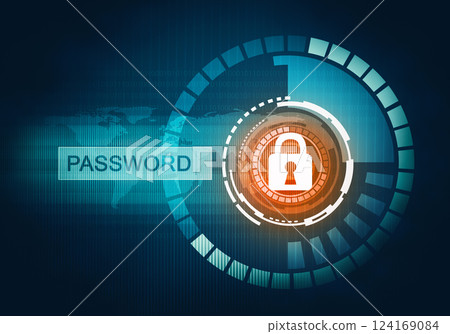 Abstract digital concept touch screen circle interface with password internet data security and safety lock on circuit microchip background. For branding, graphic design, wallpaper. 124169084