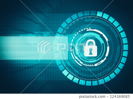 Abstract digital concept touch screen circle interface with internet data security and safety lock and place for text on circuit microchip background. For branding, graphic design, wallpaper. Abstract digital concept touch screen circle interface with internet data security and safety lock and place for text on circuit microchip background. For branding, graphic design, wallpaper. 124169085