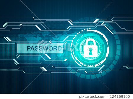 Abstract digital concept touch screen circle interface with password internet data security and safety lock on circuit microchip background. For branding, graphic design. 124169100
