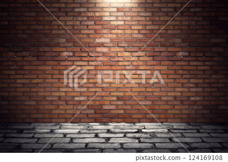 Empty old grungy room with red brick wall and paving stone floor. 3d rendering illustration of underground showroom 124169108