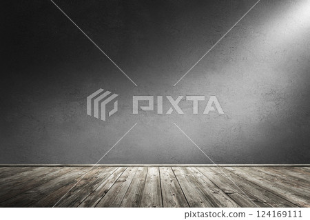 Interior room with dirty concrete cement wall and wooden plank floor. Underground showroom. 3d rendering illustration Interior room with dirty concrete cement wall and wooden plank floor. Underground showroom. 3d rendering illustration 124169111