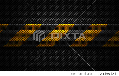 Abstract modern black perforated plate textured material design with warning tape of yellow carbon fiber in center for background, wallpaper, graphic design 124169121