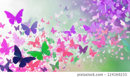 許多蝴蝶的彩色輪廓：綠色、鮮豔的粉紅色、紫色 124169233